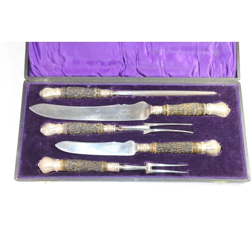 150 - Late 19th century carving set by Duncan and Scobbie, Sheffield, with horn effect handles and silver ... 