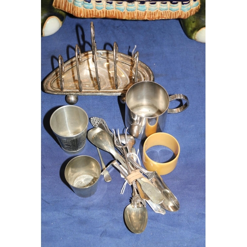 158 - Silver-plated toastrack, a small beaker, salt spoons, teaspoons, etc.