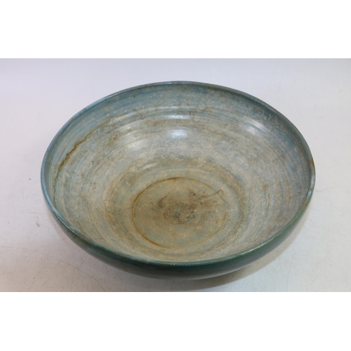 60 - Studio Pottery bowl with mottled blue rustic interior and blue glazed exterior, indistinctly signed ... 