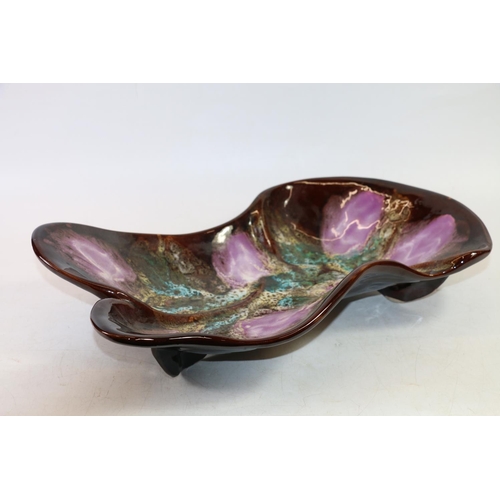 61 - Studio Pottery dish of naturalistic form having brown and mottled purple and teal glazed interior, i... 