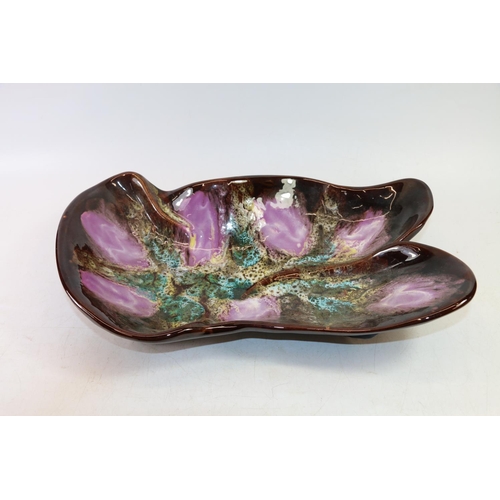61 - Studio Pottery dish of naturalistic form having brown and mottled purple and teal glazed interior, i... 
