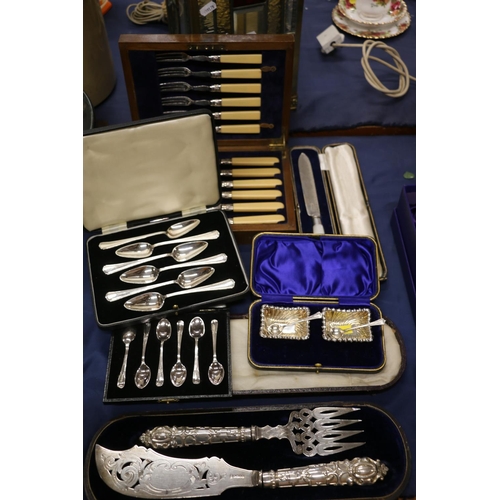 64 - Silver-plated flatware to include fish servers, teaspoons, cased salts, etc.