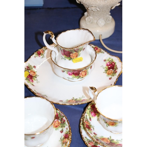 79 - Royal Albert Old Country Roses teaware to include a three-tier cake stand.