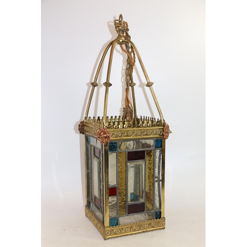 80 - Leaded glass and brass pendant light, 60cm.