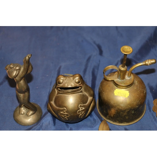 86 - Two Art Nouveau style brass wall sconces, a brass frog money bank, etc.