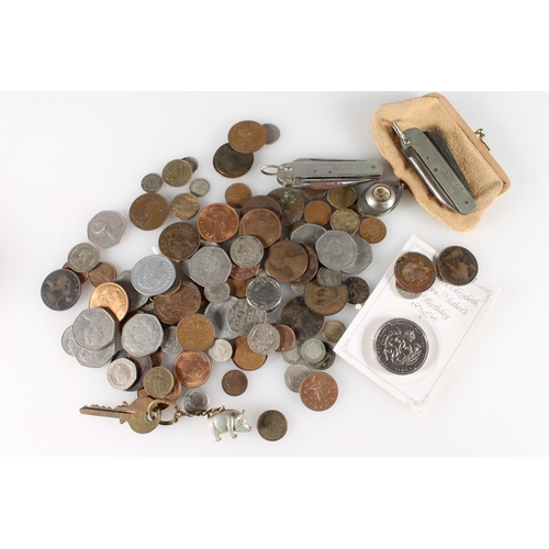 480 - Group of coins to include Queen Elizabeth II £5 coin 1990, etc. also a vintage compass and two... 