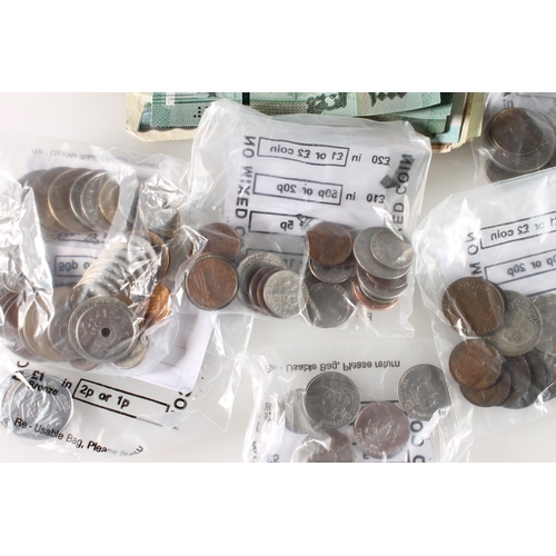 493 - Large bucket of foreign coins and banknotes to include, ARGENTINA, AUSTRIA, BARBADOS, BELGIUM, BOTSW... 