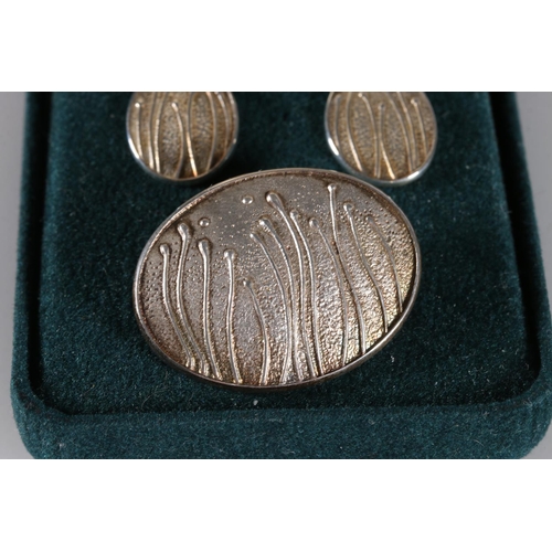 513 - Scottish silver brooch and earring set by Ola Marie Gorie of Orkney, in original box.