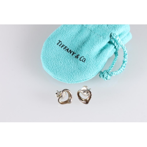 558 - Tiffany and Co Spain, a pair of 925 silver open heart shaped earrings, designer Elsa Peretti, 1.9g g... 