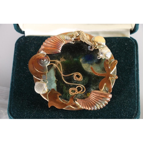 570 - Modernist brooch decorated with sealife and dragonfly by Maralyn Reed Wood of Shards Ceramic Design ... 