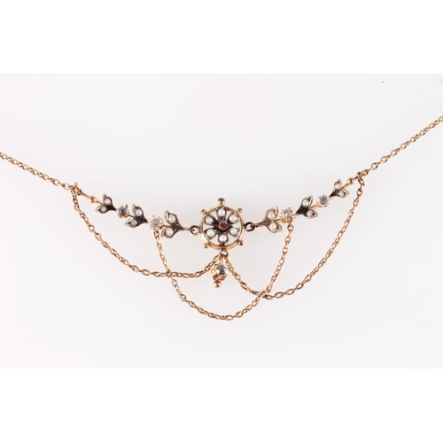 592 - Yellow metal neckchain in the Victorian style with faux diamonds, faux ruby and faux pearls, 6.5g.