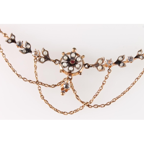 592 - Yellow metal neckchain in the Victorian style with faux diamonds, faux ruby and faux pearls, 6.5g.