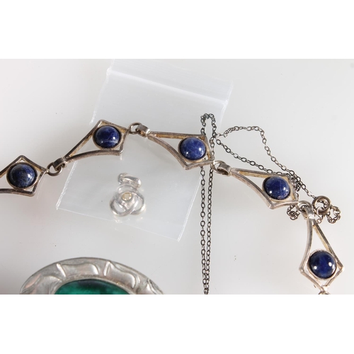 595 - Modernist silver bracelet set with blue cabochon stone, a Charles Rennie Macintosh inspired silver p... 