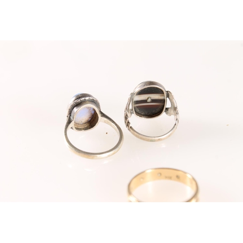 597 - 9ct gold eternity ring 2.3g, silver banded agate dress ring and another.