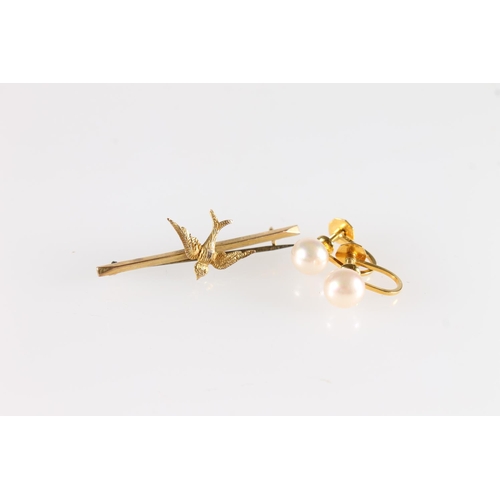 608A - Pair of 9ct gold and faux pearl Ciro earrings and a 9ct gold bar brooch with swallow decoration, 3g ... 