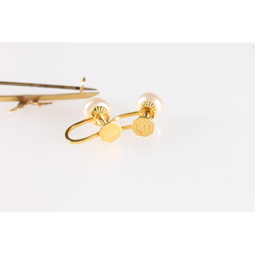 608A - Pair of 9ct gold and faux pearl Ciro earrings and a 9ct gold bar brooch with swallow decoration, 3g ... 