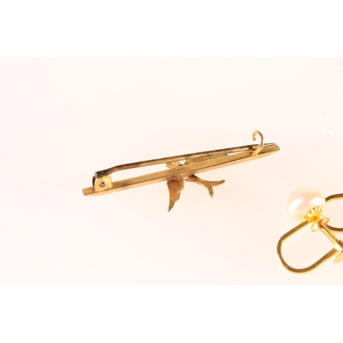 608A - Pair of 9ct gold and faux pearl Ciro earrings and a 9ct gold bar brooch with swallow decoration, 3g ... 