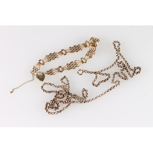 612 - 9ct gold belcher link neck chain, the clasp stamped '9ct', 8.3g, and a 9ct gold gate link bracelet w... 