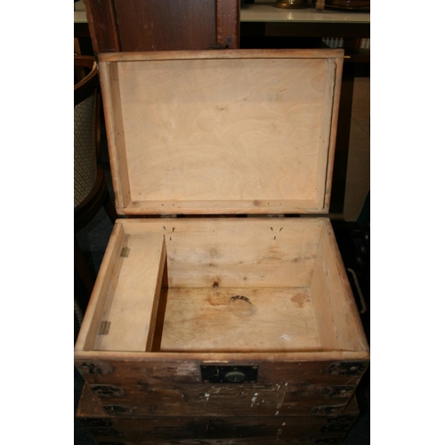 726 - Two small early 20th century pine storage chests with old luggage labels attached, max W56cm