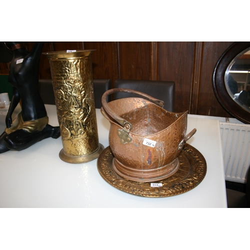 732 - Copper helmet shape coal scuttle, brass stick stand and charger (3)