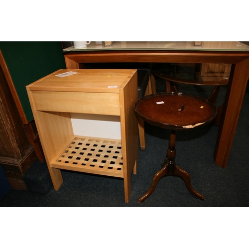 734 - Pine effect side table with single drawer and lattice work shelf, H65cm together with a reproduction... 