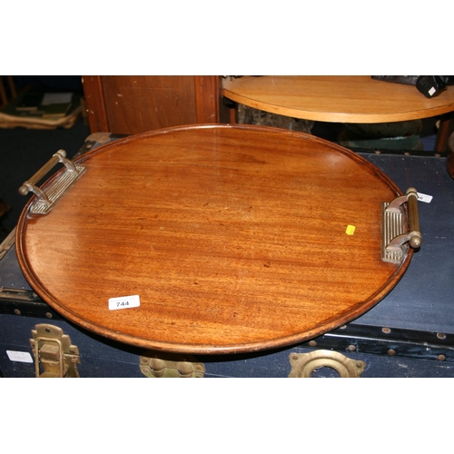 744 - Edwardian mahogany round butlers serving tray with fluted brass handles, W60cm