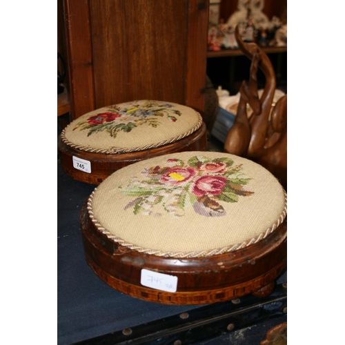 745 - Pair of Victorian embroidered footstools with marquetry borders, W28cm