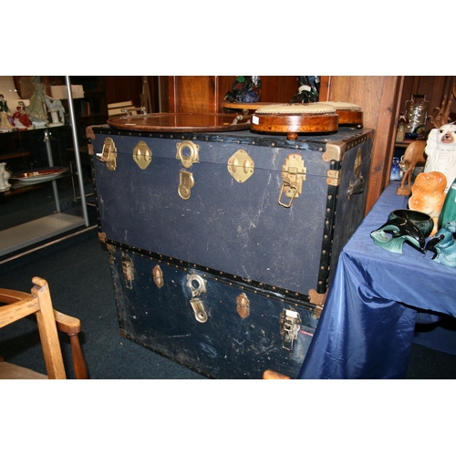 746 - Pair of early 20thC metal bound travel luggage trunks, each W100cm