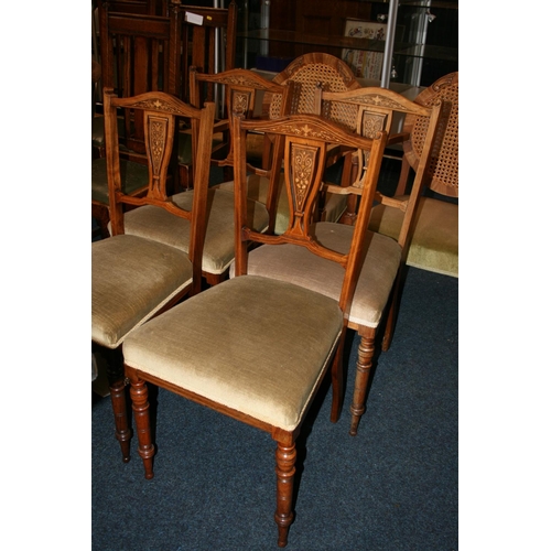 747 - Set of four Sheraton style Edwardian armchairs with inlaid vase shaped splats, green seats on turned... 