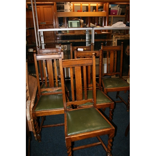 749 - Set of six Edwardian oak framed dining chairs with green leather seats