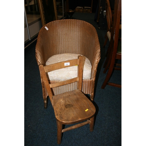 750 - Lloyd Loom style gold painted armchair together with a childs' elm and beech country style farmhouse... 