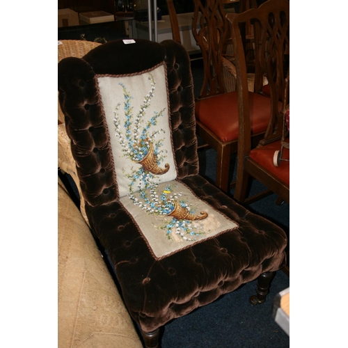 754 - Victorian deep button back nursing chair in brown upholstery with central beadwork panels, 89cm high... 