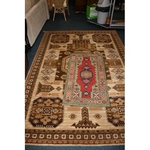 755 - Large middle eastern wool rug, beige ground, geometric pattern, 280cm x 200cm, together with a small... 