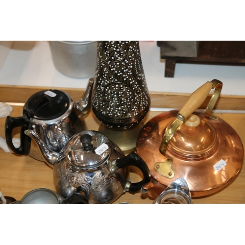 182 - Islamic style damascene/niello brass vase, a small copper kettle, and other metal ware.