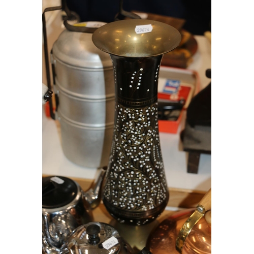 182 - Islamic style damascene/niello brass vase, a small copper kettle, and other metal ware.