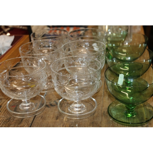 193 - Four green glass sundae dishes, and six cut-glass sundae dishes.