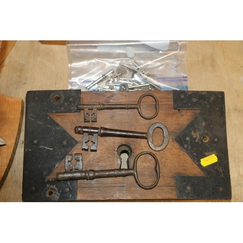 202 - Antique lock plate with three cast iron keys and other small keys.