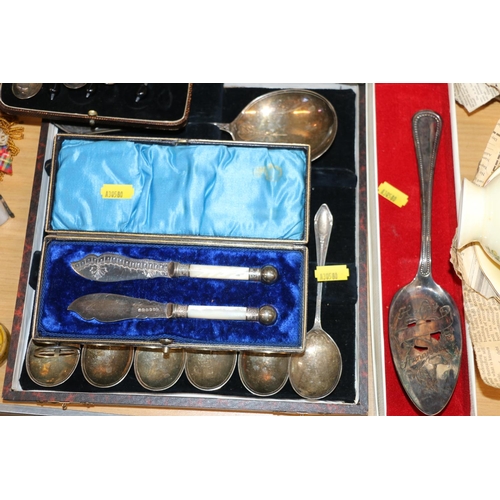 224 - Silver-plate to include cased berry spoons, mother-of pearl handled cheese knives, and other cutlery... 