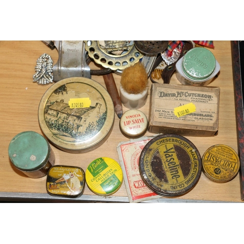 225 - Vintage tins to include Vaseline, and other, advertising tins along with small treen objects, etc.