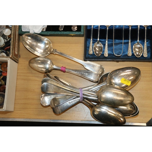 235 - Silver plate to include 19th century tablespoons, and other teaspoons, sugar tongs, cake forks (case... 