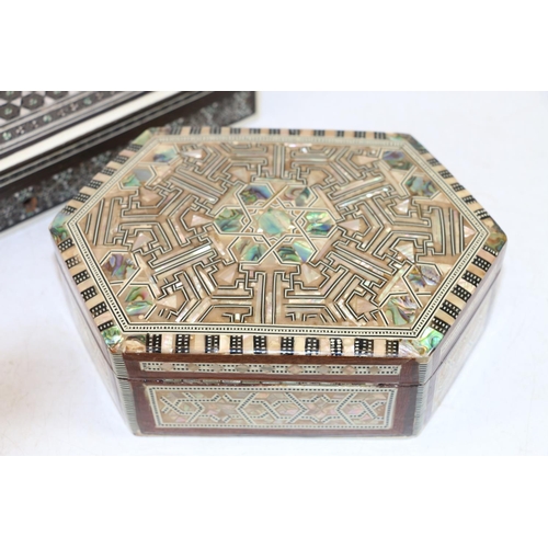 255 - Indo-Persian Vizagapatam quill box, and a similar mother-of-pearl inlaid box.