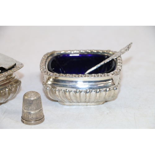 259 - Silver mustard pot and salt with Chester hallmark, inset blue glass liners, and a Charles Horner sil... 