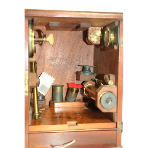 269 - 19th century brass microscope marked M Pillischer of London, in original fitted box with accessories... 