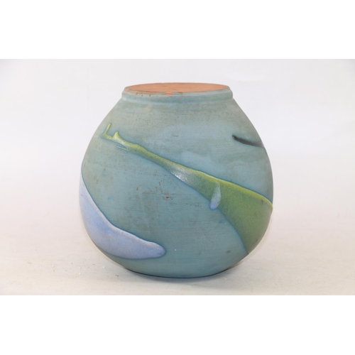 282 - 20th century Studio Pottery vase of ovoid form in a matt blue glaze with applied polychrome decorati... 