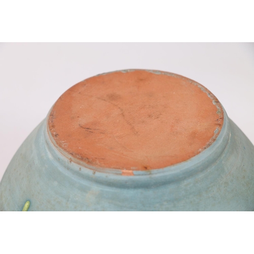 282 - 20th century Studio Pottery vase of ovoid form in a matt blue glaze with applied polychrome decorati... 