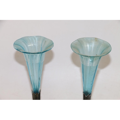 284 - Pair of late 19th century glass and silver-plated Solifleur vases, 22cm high.