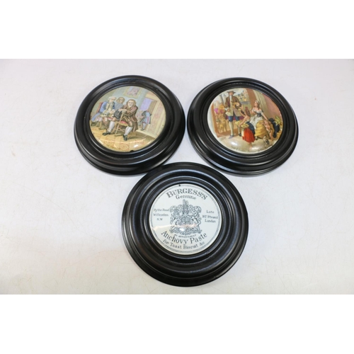 285 - Five framed Pratt ware pot lids and a Burgess Anchovy Paste pot lid.