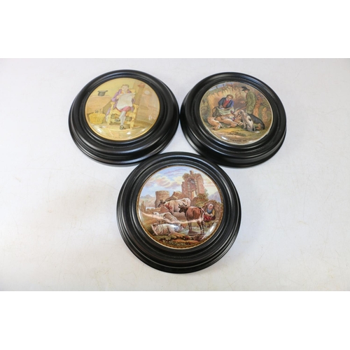 285 - Five framed Pratt ware pot lids and a Burgess Anchovy Paste pot lid.