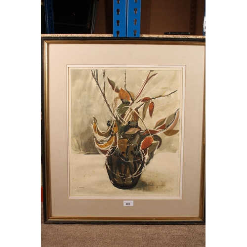 403 - ISOBEL MARTIN, still life vase of flowers, mixed media, signed lower left, 47cm x 40cm, frame 70cm x... 