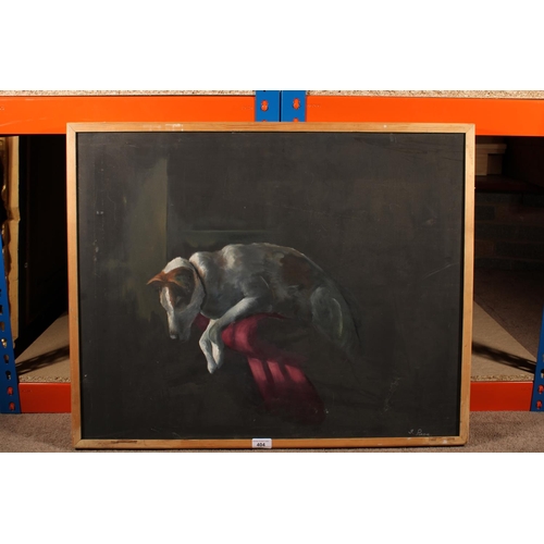 404 - J PURDIE, study of a dog on the arm of a sofa, oil on canvas, signed lower right, 60cm x 75cm, pine ... 